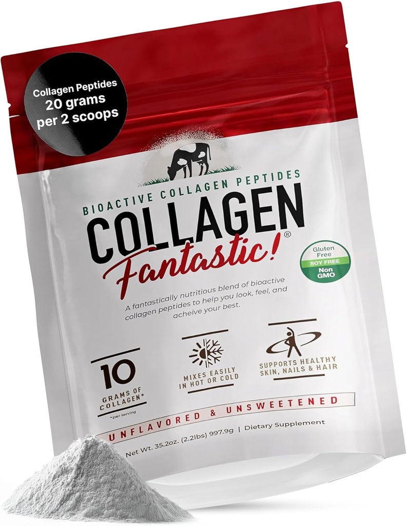 Collagen Peptides Powder Unflavored 2.2lb – Grass-Fed Bovine Protein for Joints, Bones & Skin – Type I & III Hydrolyzed Collagen – Gluten-Free, Non-GMO & Soy-Free – 90 Servings