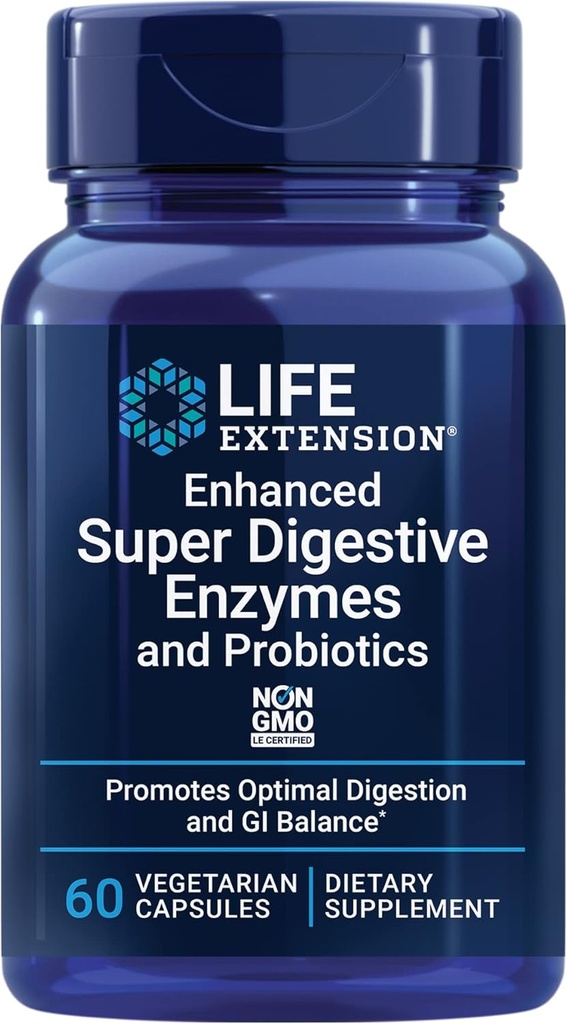 Life Extension Enhanced Super Digestive Enzymes and Probiotics – B. coagulans Probiotic, 10 Digestive Enzymes – Supports Digestion, Comfort & GI Balance – Non-GMO, Vegetarian – 60 Capsules