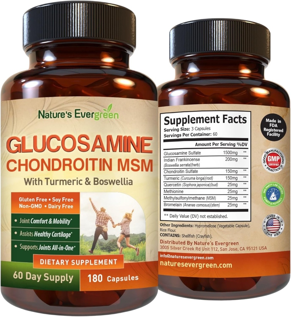 Glucosamine Chondroitine MSM avec Turmeric & Boswellia Supplément de soutien conjoint Glucosamine Sulfate 1500mg.