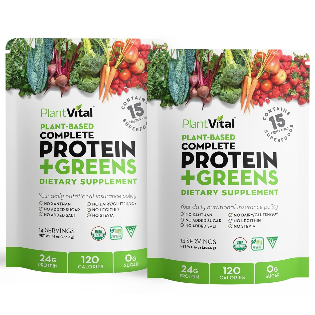 Poudre de protéines végétales organiques non aromatisées - 15 superaliments, légumes et probiotiques - Poudre de protéines végétales organiques - Tous les BCAA, sans gluten - 16 oz (paquet de 2)