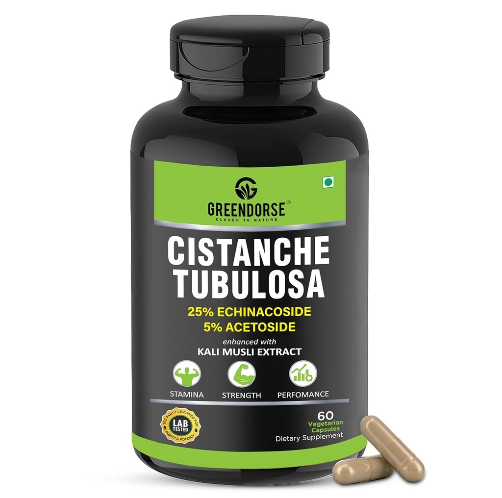 Cistanche biologique Tubulosa standardisée à 25% Echinacoside, 5% Acétoside avec Extrait Kali Musli 1000mg 3ème partie testée pour la force, la performance, la vitalité- 60 gélules