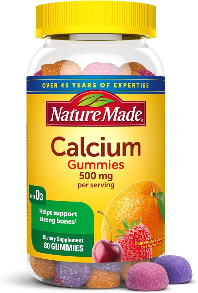 Nature faite de gommes au calcium 500 mg par portion de vitamine D3, supplément alimentaire pour le soutien des os, 80 gommes, 40 jours d'approvisionnement