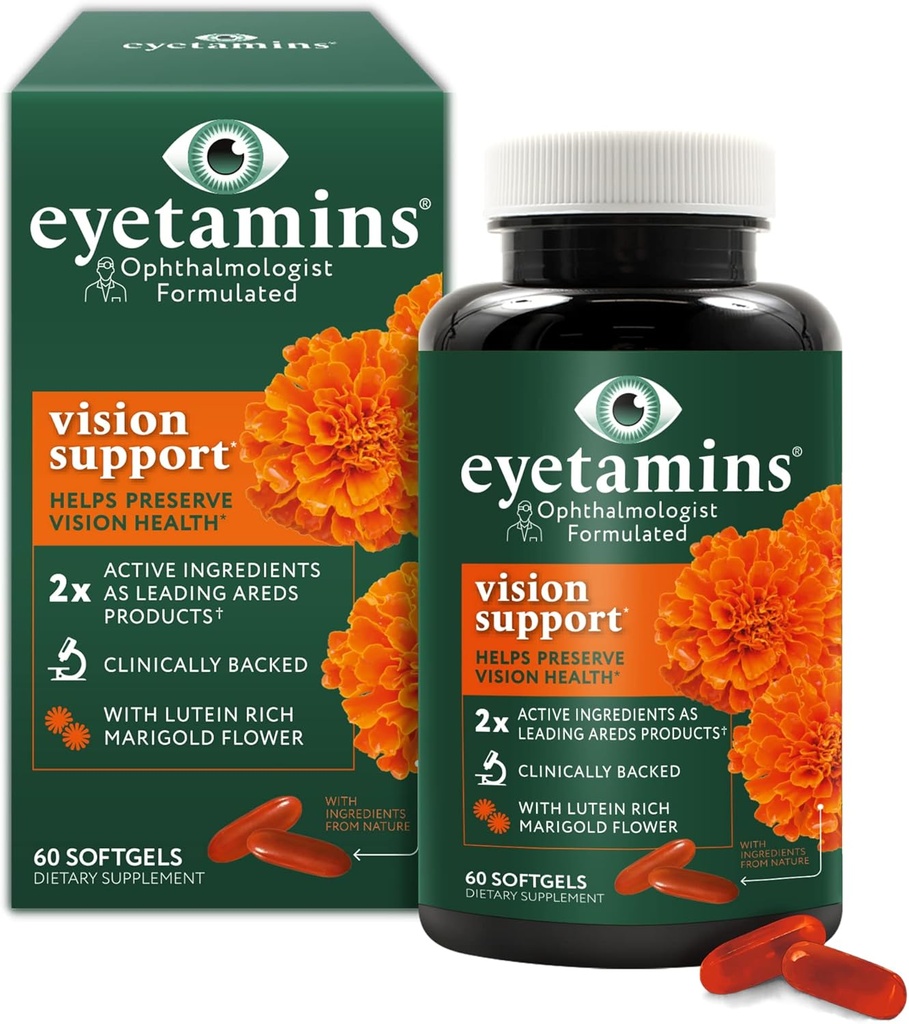 eyetamins Vision Support - 60 capsules‚ Ophtalmologiste-formulé - 2X Lutéine et Zeaxanthine de grandes marques - Végétaux, naturels - Vegan et non-OGM Formule (60 Nombre)