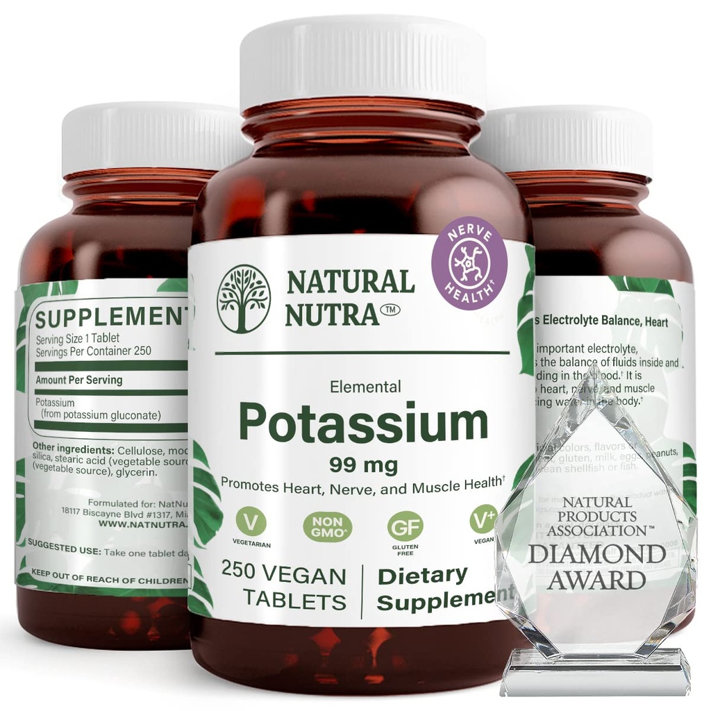 Gluconate de potassium nutra élémentaire naturel 99 mg supplément alimentaire – favorise l'énergie, aide à stimuler le système nerveux, favorise la santé cardiaque, la régulation minérale, la fonction musculaire - 250 comprimés végétaliens