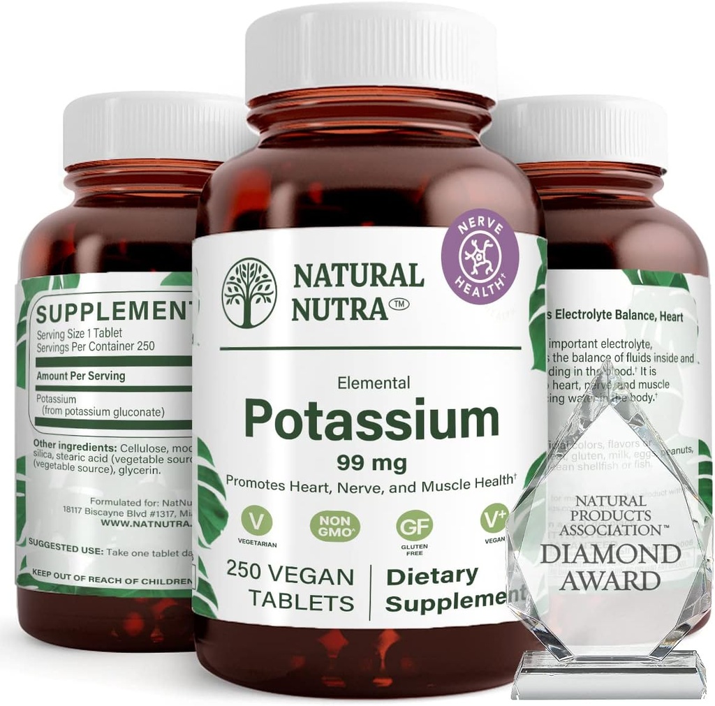 Gluconate de potassium nutra élémentaire naturel 99 mg supplément alimentaire – favorise l'énergie, aide à stimuler le système nerveux, favorise la santé cardiaque, la régulation minérale, la fonction musculaire - 250 comprimés végétaliens