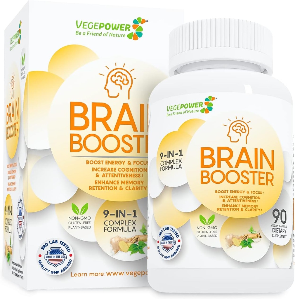 Supplément Nootropique naturel booster le cerveau - Améliorer la concentration, la mémoire, la clarté, l'énergie et réduire l'oubli anti-âge pour les femmes hommes, Guarana, Ginseng, Rhodiola Extrait Vegan 90 Capsules