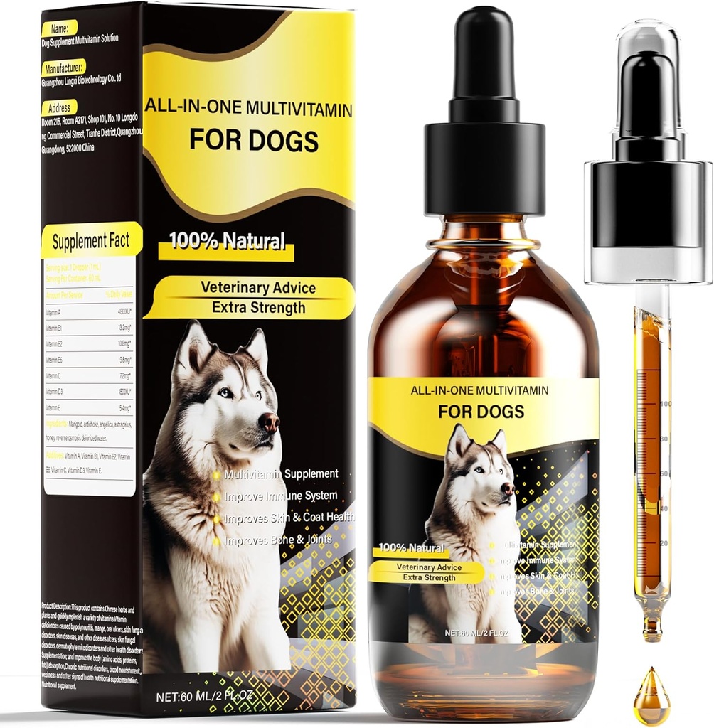 Multivitamine de chien liquide, 13-en-1 Vitamines de chien extra-fort pour améliorer le chien Digestive, immunitaire, peau, manteau, os, articulations santé, 60 ml Nature Vitamines de chien et suppléments pour tous les âges Tailles de race chien