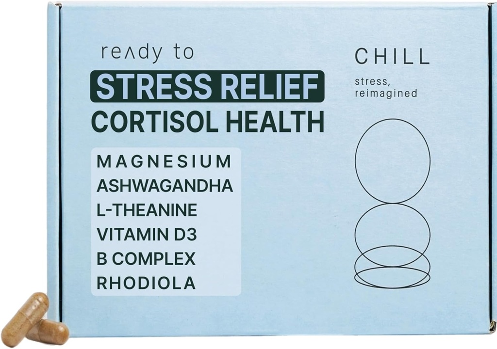 Supplément anti-stress CHILL – Cortisol santé pour les femmes et les hommes - Hybride équilibrée, relaxation et sommeil – Magnésium, Ashwagandha, L-Theanine, Complexe B – 60 Capsules 11/30/25 Expiration
