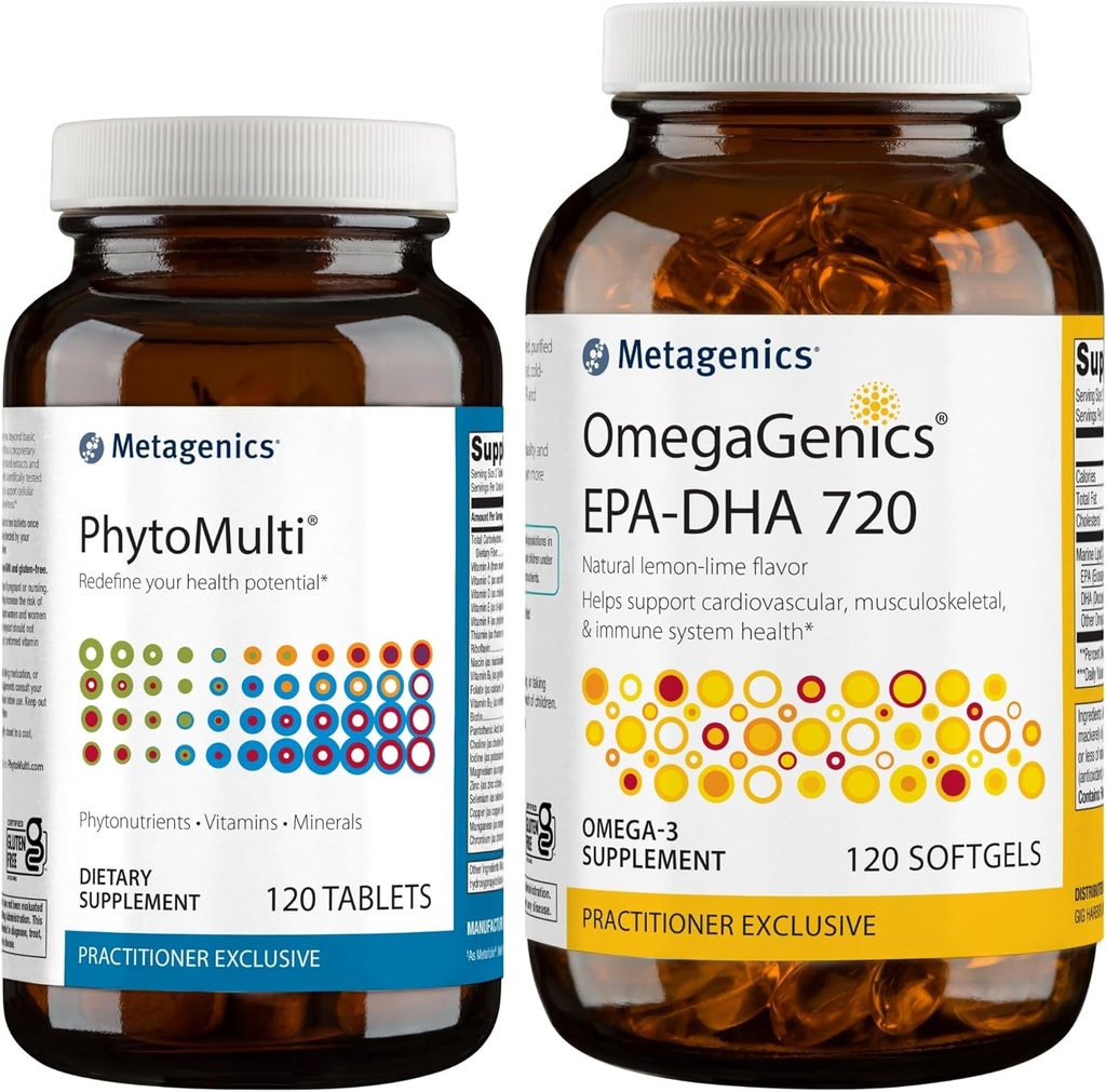 Ensemble de métagéniques - Phytomulti sans fer et OmegaGenics EPA-DHA 720-120 Comprimés de Phytomulti pour la santé globale - 120 Softgels de EPA-DHA 720 pour la santé cardiaque, musculo-squelettique et immunitaire*