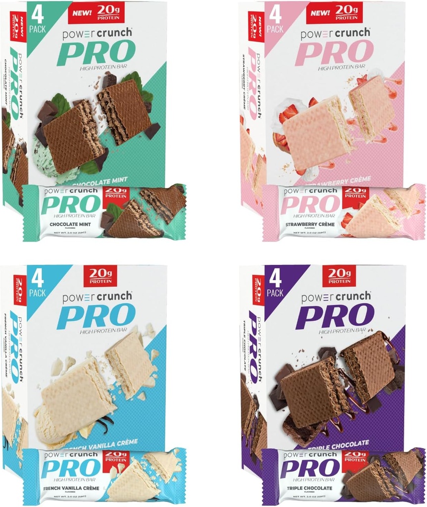Power Crunch PRO Protein Wafer Bars, Variety Pack, dans 4 saveurs 2.0 Once Bars (16 comte). Protéines élevées