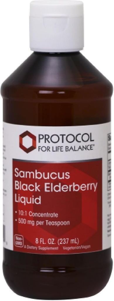 PROTOCOLE POUR LA BALANCE VIE Sambucus Black Elderberry Liquid - 500 mg Black Elderberry - pour le soutien du bien-être - avec des composés naturellement apparents - Non-OGM, Kosher & Vegan - 8 fl oz