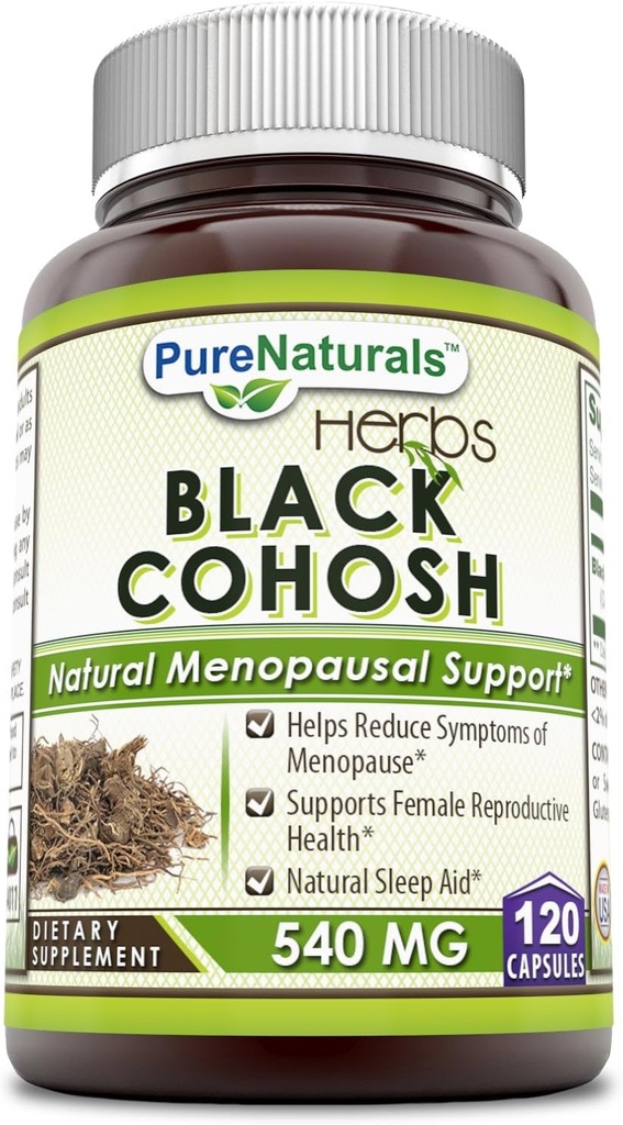 Pure Naturals Black Cohosh Menopause Relief - Natural Solutions for Menopause Support - 540 Mg Supplement with Pure Root Extract 120 Capsules