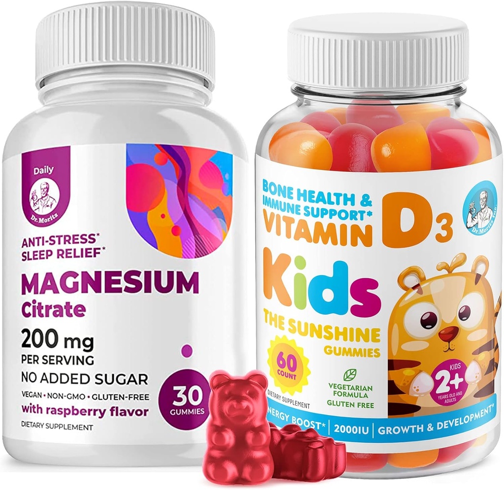 Gommies de vitamine D pour les enfants et les adultes 2000 UI et Gommies de magnésium - suppléments de vitamine D3 sains 1000IU - soutien immunitaire sans gélatine végétarienne avec des chews calm au magnésium sans sucre pour les enfants et les adultes