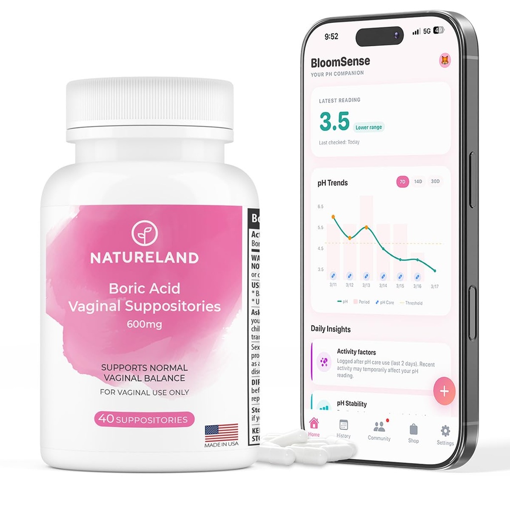 Natureland 40 Count, 600mg Acides boriques Suppositoires vaginaux, Fabriqués aux États-Unis, Restaurer l'équilibre du pH et réduire la sécheresse, les odeurs, l'Itchiness et la décharge, soutenir la santé intime (40 Count (paquet de 1))