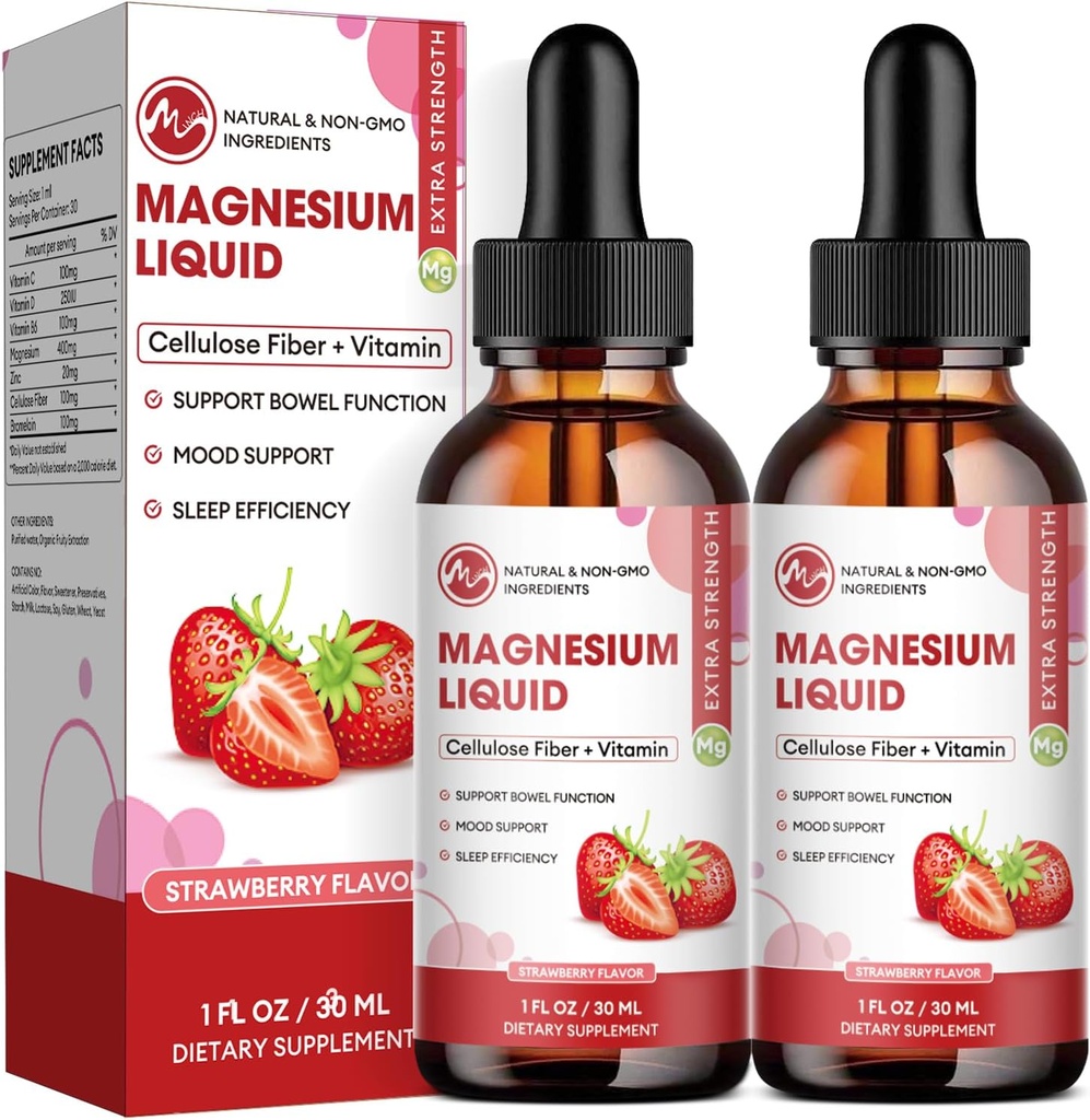 M inch Magnesium Glycinate Liquid, High Absorption Magnesium Liquid Drops with Cellulose Fiber, Bromelain, Vitamin B6, C, D, Zinc, Magnesium Supplement for Kids and Adults, Strawberry Flavor, 2 Pack