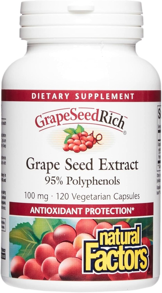 Facteurs naturels, GrapeSeedRich Grain Extract, Antioxydant Support pour une réponse inflammatoire saine, 120 Capsules