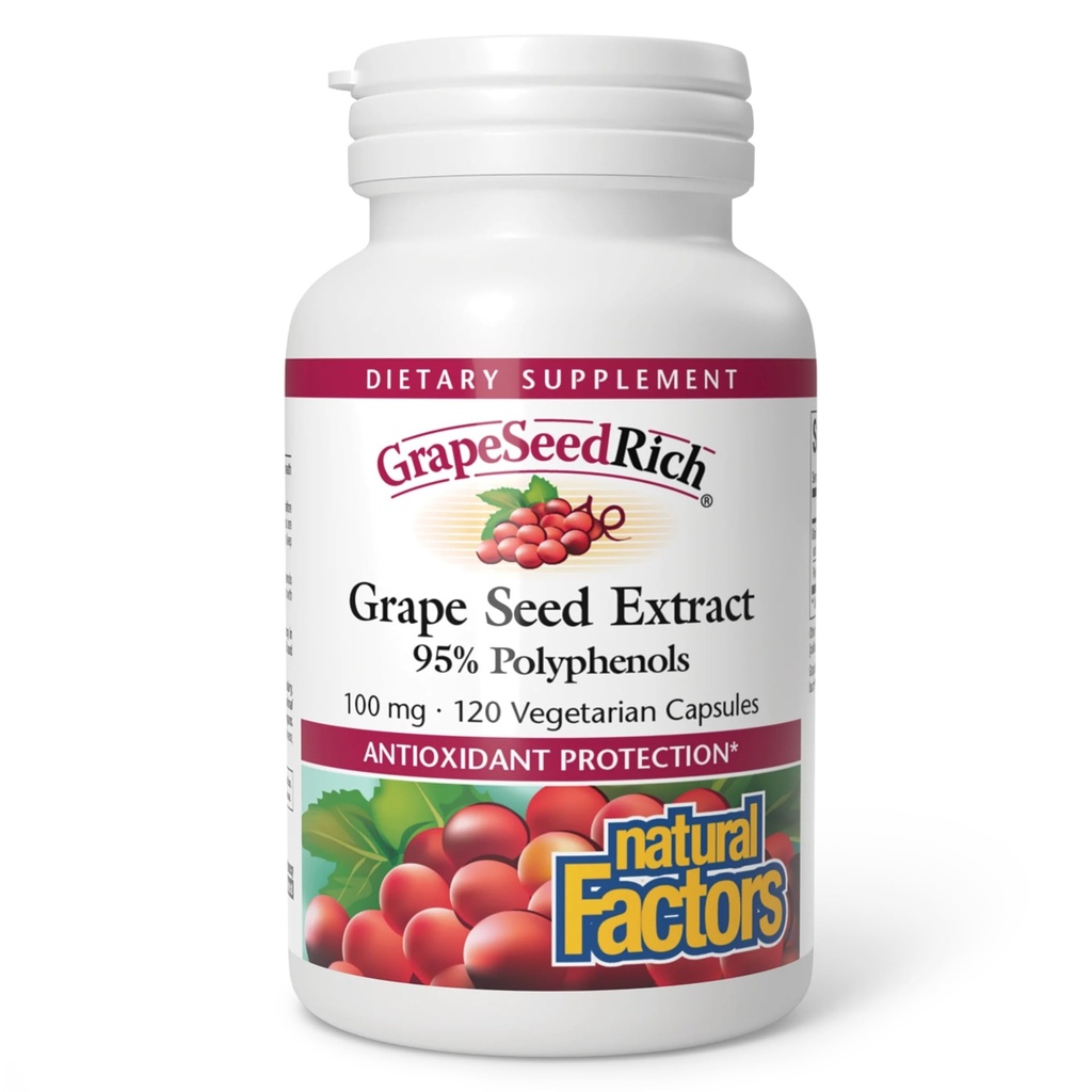 Facteurs naturels, GrapeSeedRich Grain Extract, Antioxydant Support pour une réponse inflammatoire saine, 120 Capsules