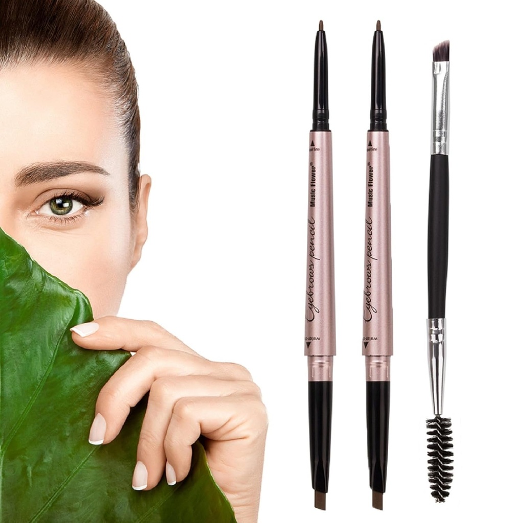 Crayon à sourcils 2 packs, maquillage des sourcils imperméable avec double extrémité, kit professionnel d'amélioration des sourcils avec brosse à sourcils (Brun foncé #1)