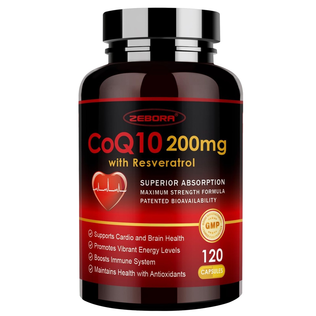 ZEBORA CoQ10-200mg avec trans-résvératrol, PQQ et vitamine E - Coenzyme d'absorption élevée-Q10 avec BioPerine - Antioxydant puissant pour le cœur et la production d'énergie,120 Capsules de Veggie