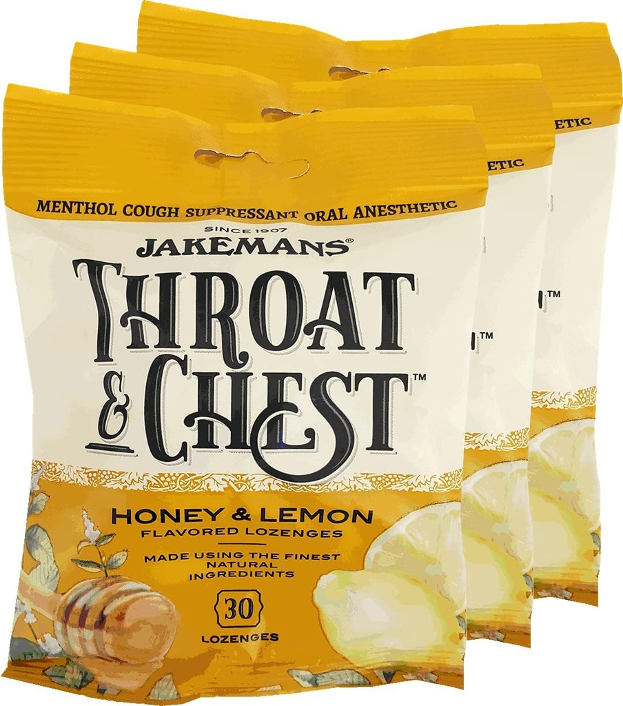 Jakemans Throat au miel et au citron & Lozanges poitrine Toux – Toux, Gorge douloureuse et détresse saisonnière Relief apaisant – Forme de goutte liquide – 30 Lozanges (3 pack)