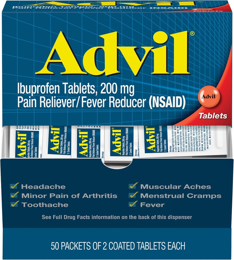 Réducteur de douleur advil et réducteur de fièvre, anti-douleur avec Ibuprofen 200mg pour les maux de tête, les maux de dos, les douleurs menstruelles et les douleurs articulaires - 100 comprimés enduits (emballage peut varier )