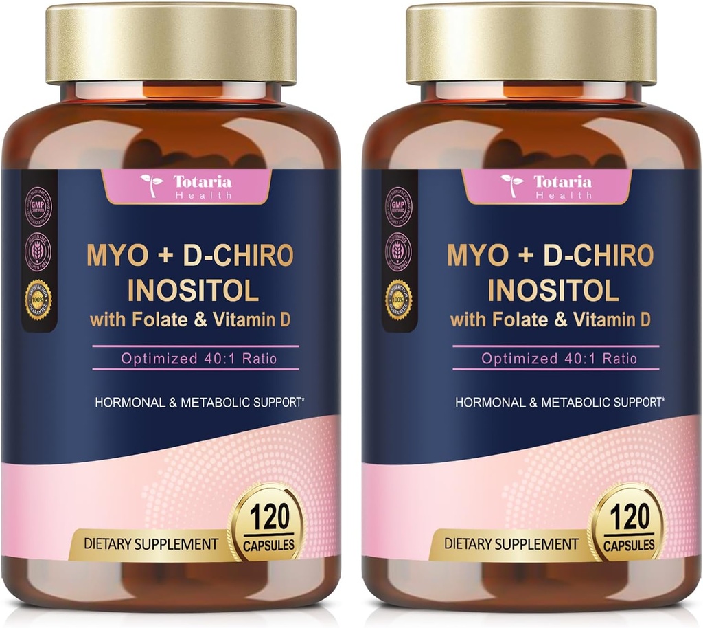 Totaria Supplément Inositol pour les femmes avec vitamine D3, Folate, 40:1 Rapport Myo-Inositol et complexe D-Chiro Inositol, (vitamine B8) Capsules Inositol, boîte de 2