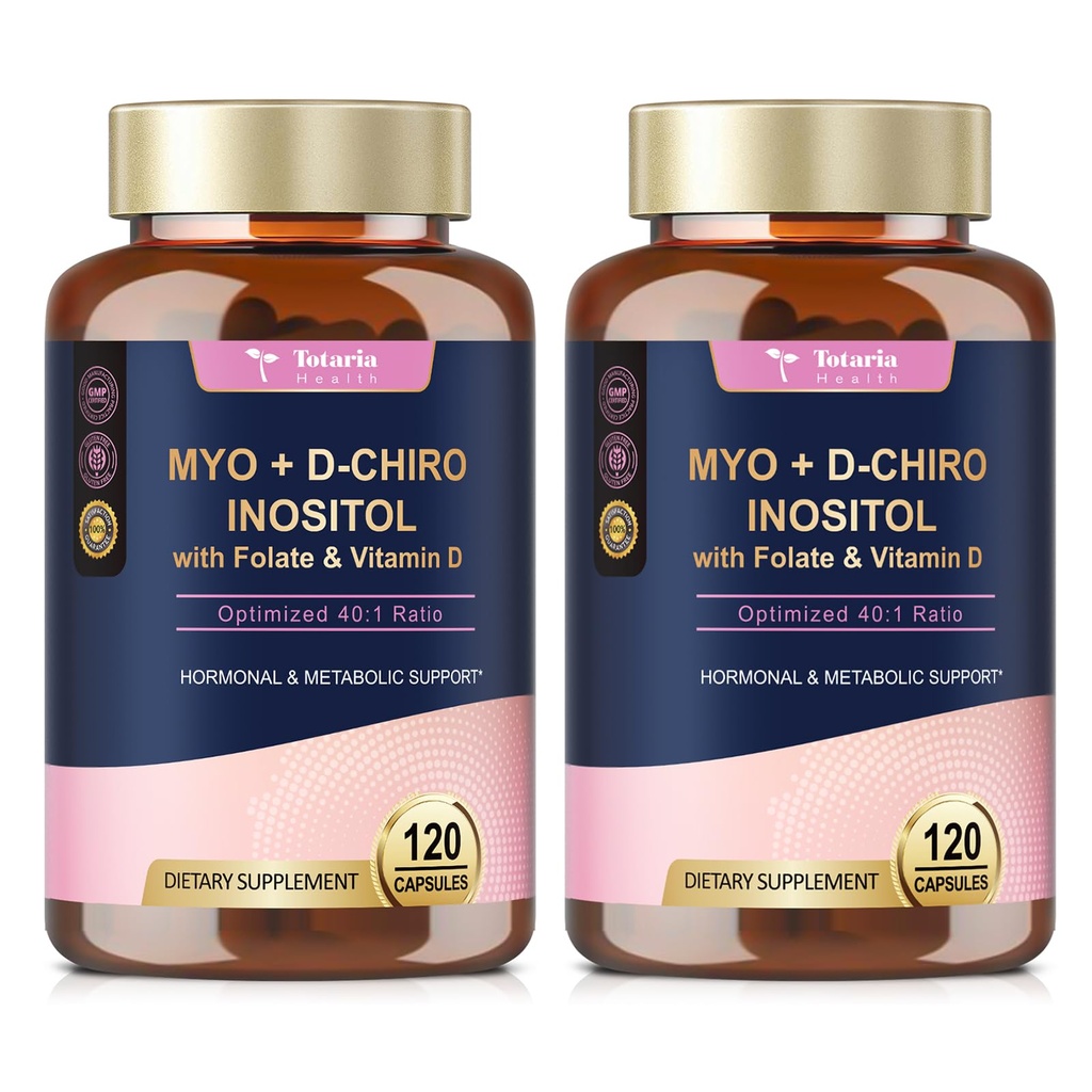 Totaria Supplément Inositol pour les femmes avec vitamine D3, Folate, 40:1 Rapport Myo-Inositol et complexe D-Chiro Inositol, (vitamine B8) Capsules Inositol, boîte de 2