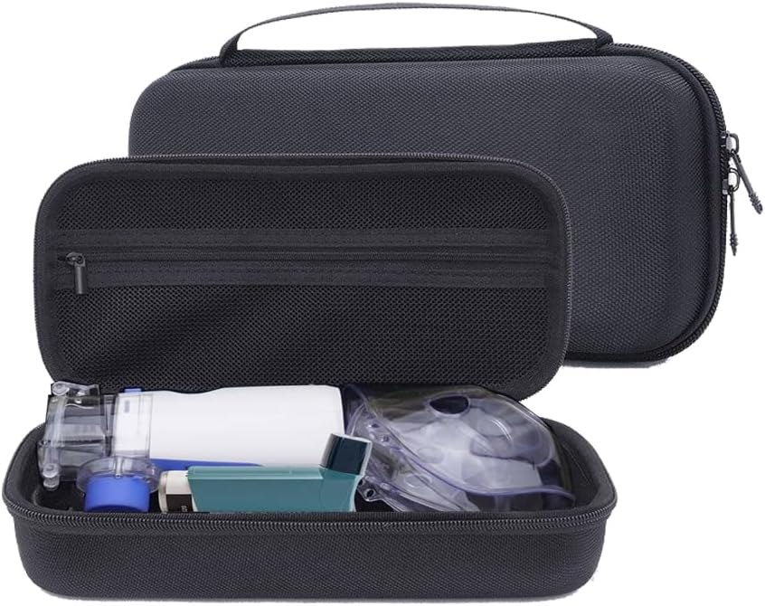Coque dure étui pour nébuliseur portatif portable Inhalateur d'asthme, sac de voyage EVA pour masque d'espaceur d'asthme pour les hommes et Woemn, Kits de médecine Organisateur, Support d'atomiseur avec poche Mesh