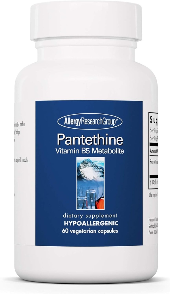 Allergy Research Group Pantethine Supplement - Vitamin B5, Pantothenic Acid, Metabolism Support, Liver Support, Cardiovascular Supplement, Coenzyme A, 660mg Vegetarian Capsules - 60 Count