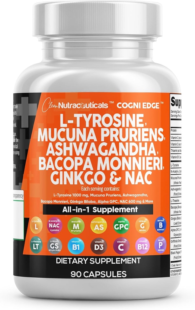 Nutraceutiques propres L Tyrosine Mucuna Pruriens Bacopa Monnieri Ashwagandha Focus Supplément w/N-acétyl Cysteine NAC 5-HTP Ginkgo Biloba Alpha GPC Vitamine C D B1 B12
