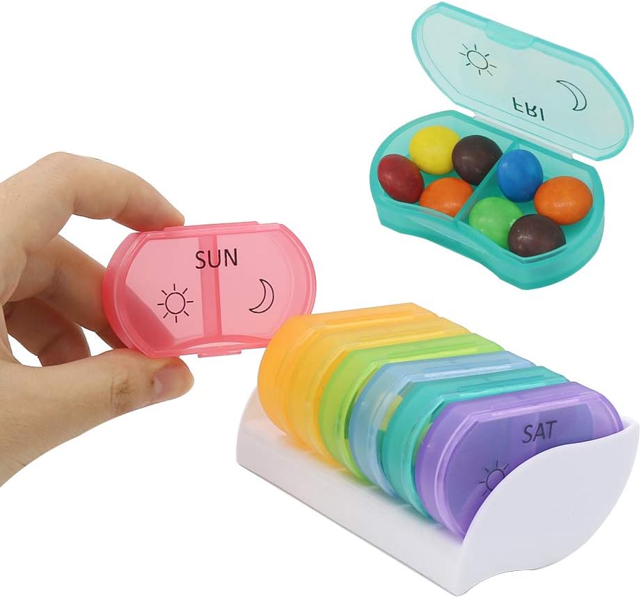 Package HRX Little Daily Pill Box Case AM PM pour 7 jours, Support de petites pilules de poche, Mignon organisateur de drogue conteneur 2 fois par jour