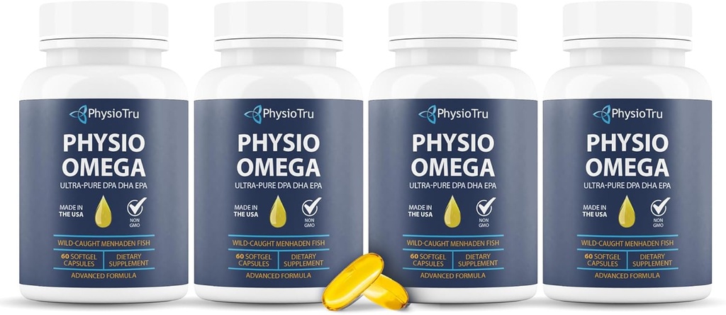 Physio Omega 2400mg Huile de poisson avec supplément d'acide gras Omega 3 - Suppléments pour la santé du coeur et du cerveau pour les adultes - Non-OGM, sans Burpless, agrumes légers, source durable - 240 Softgels