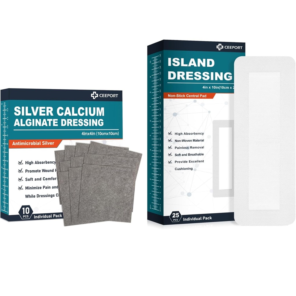 Dressing en algine de calcium argenté (4'x4'10Pcs) +Dressing en île(4" x 10" 25Pcs)
