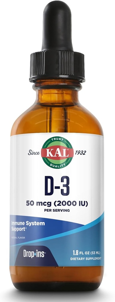 KAL Vitamine D3 2000 UI (50 mcg) DropIns - Liquid Vitamine D3 Drops - Supplément de soutien osseux et immunitaire - Garantie végétarienne de 60 jours, environ 590 portions, 1,8oz