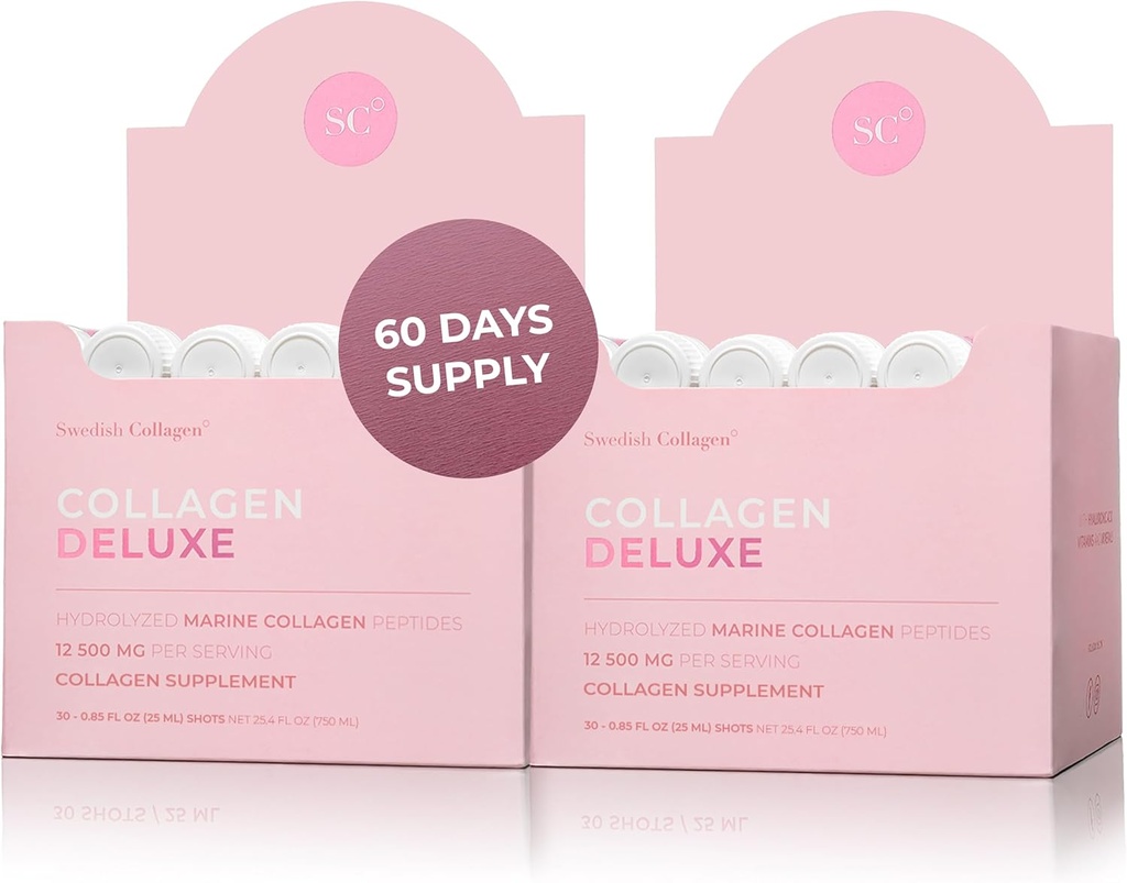 Collagène Deluxe 30 prises de vue x 2 I 8 semaines Ensemble I 12500 mg Collagène marin (type I et III) I Acide hyaluronique, biotine, vitamine C I Sans sucre - 8 semaines d'approvisionnement