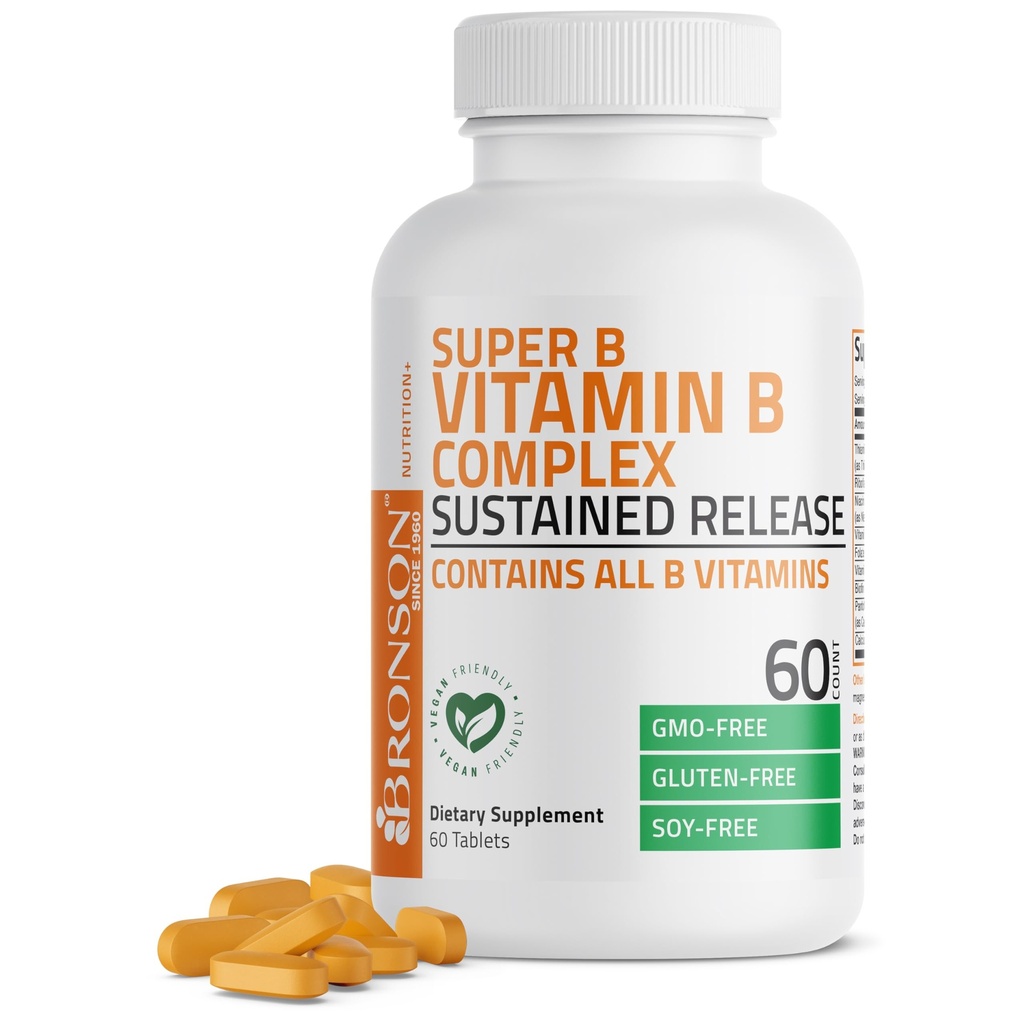 Complexe Bronson Super B de vitamine B à libération lente prolongée (vitamine B1, B2, B3, B6, B9 - acide folique, B12) contient toutes les vitamines B 60 comprimés