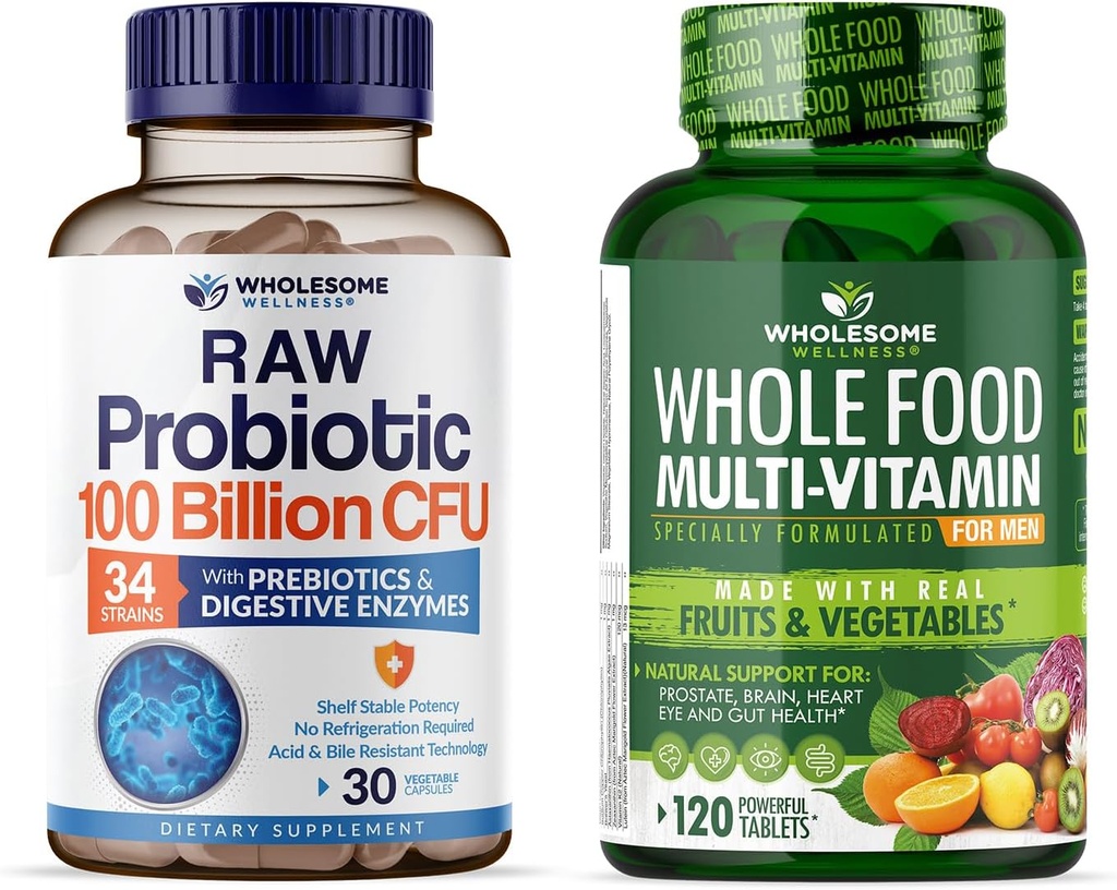 Organic Probiotics 100 Billion CFU, Dr Formulated for Women and Men + Whole Food Multivitamin for Men, Natural Multi Vitamins, Minerals, Organic Extracts Bundle