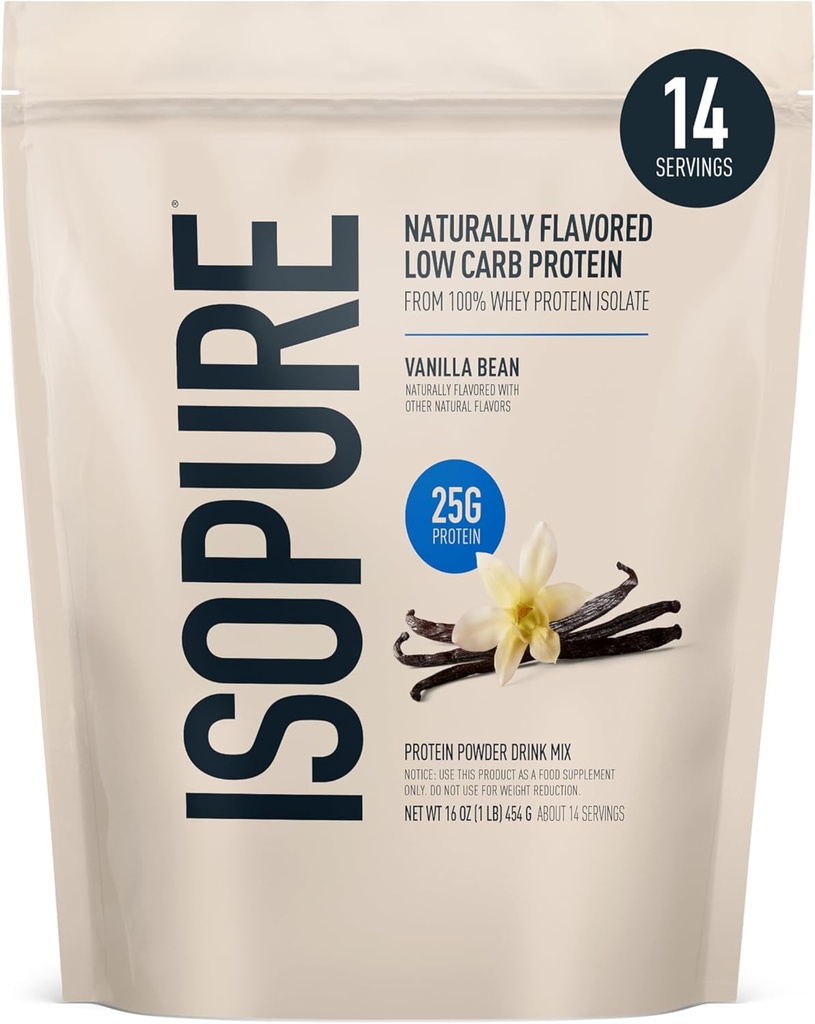 Isopure Low Carb 100% pur Whey Isolate Protein Powder, Sans lactose, Sans gluten, avec des vitamines, Vanilla Bean, 25g de protéines par portion, 1 Lb, 14 portions (paquetage mai Vary)