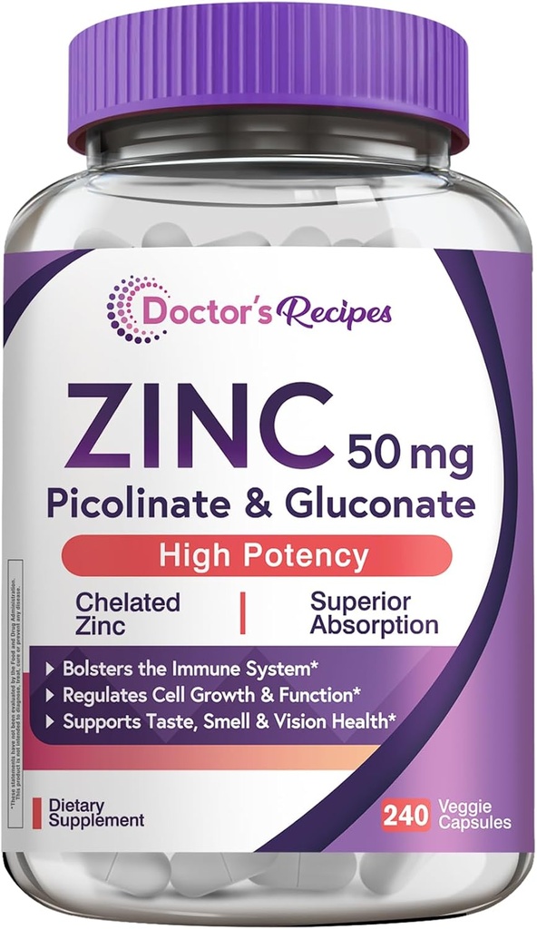 Recettes du docteur Zinc 50mg, Picolinate et Gluconate de Zinc hautement absorbant, soutient la défense naturelle immunitaire, l'ADN et la formation de protéines, la croissance cellulaire, non-OGM, 240 capsules de légumes