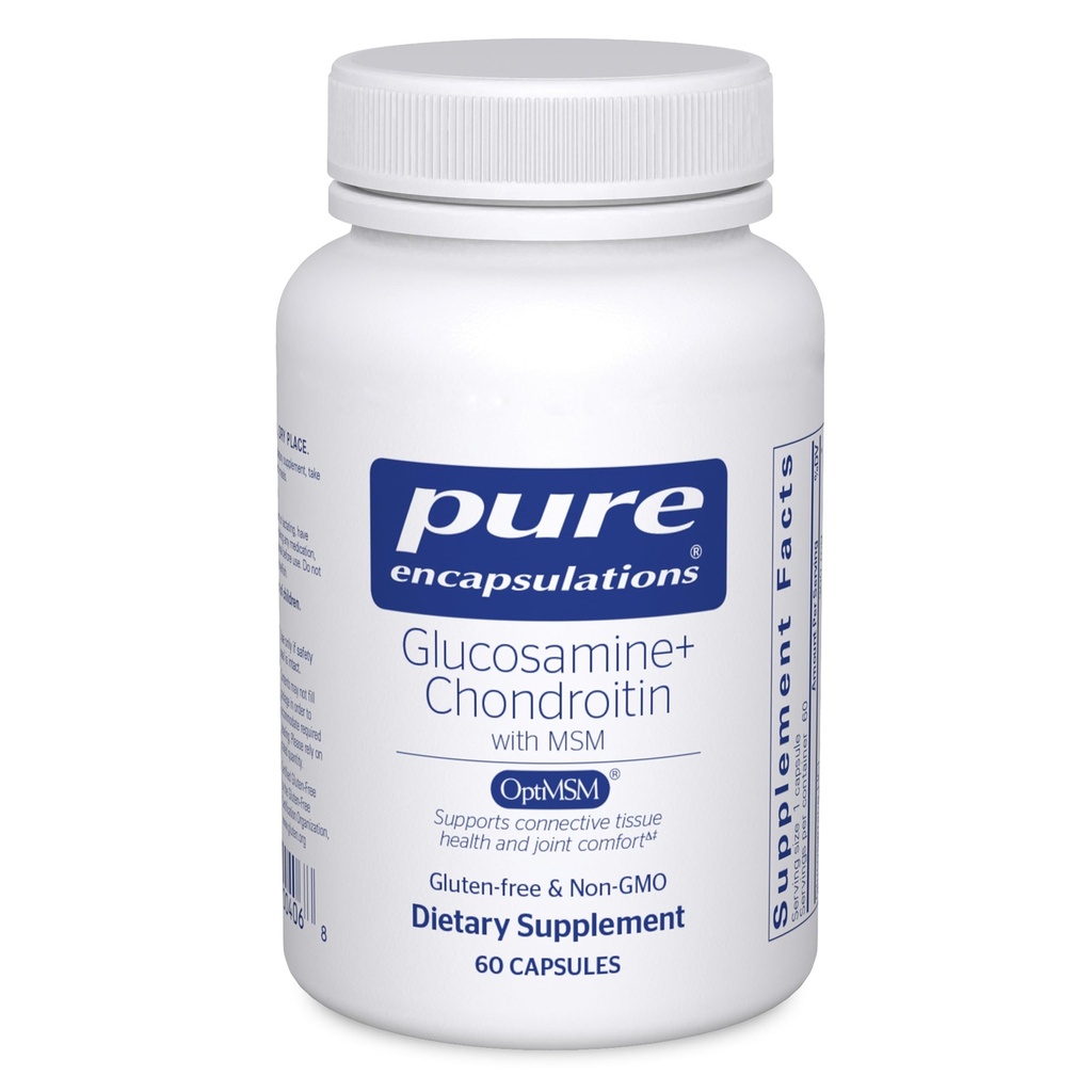 Encapsulations pures Glucosamine Chondroïtine avec MSM - Soutient la formation de cartilage mixte et normale* - Maintient l'activité enzymatique - Sans gluten et sans OGM - 60 capsules