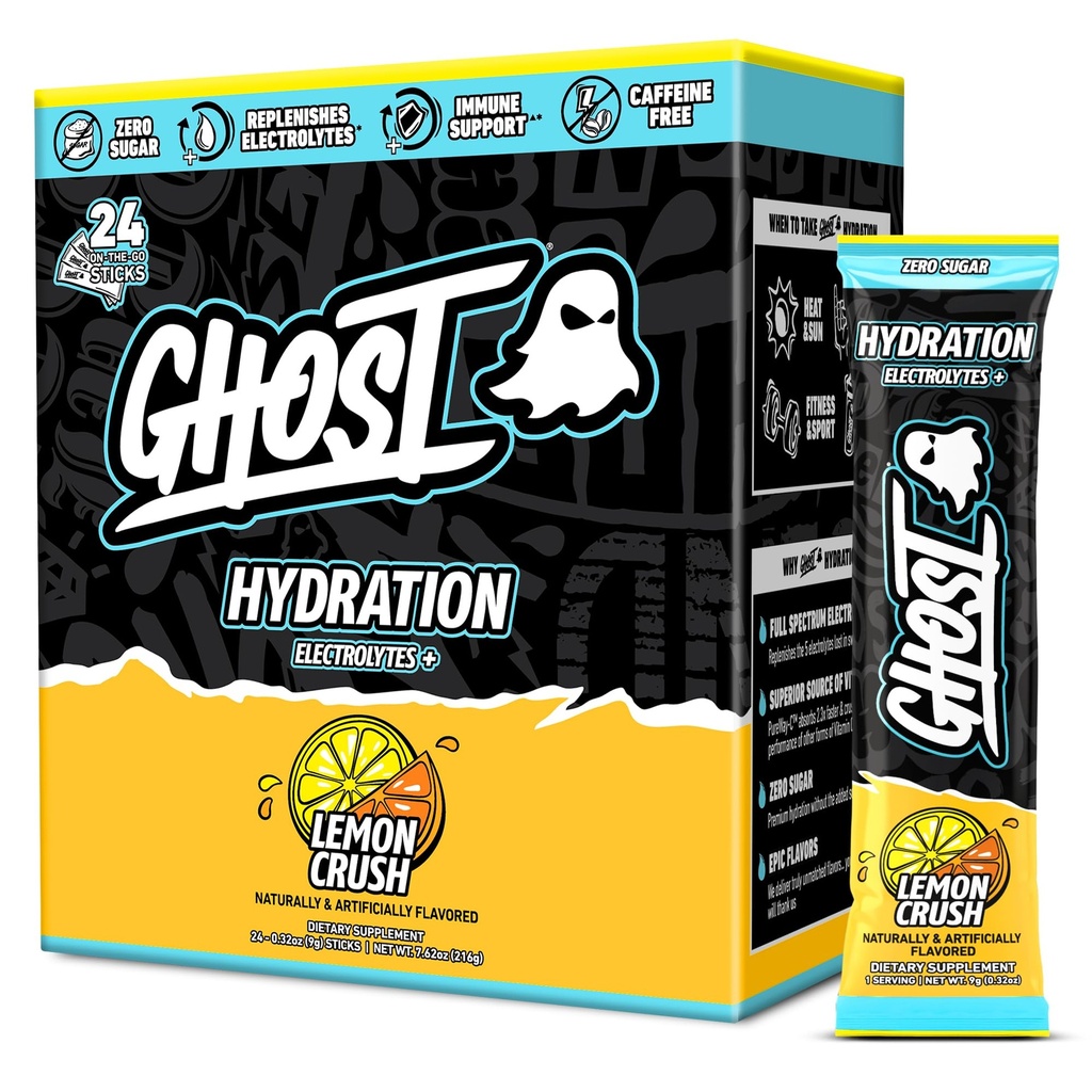 GHOST Packets d'hydratation, Crush citron, 24 bâtons, Poudre d'électrolyte - Supplément de boisson avec Magnésium, Potassium, Calcium, Vitamine C - Vegan Friendly, Sans soja, Sucre et Gluten