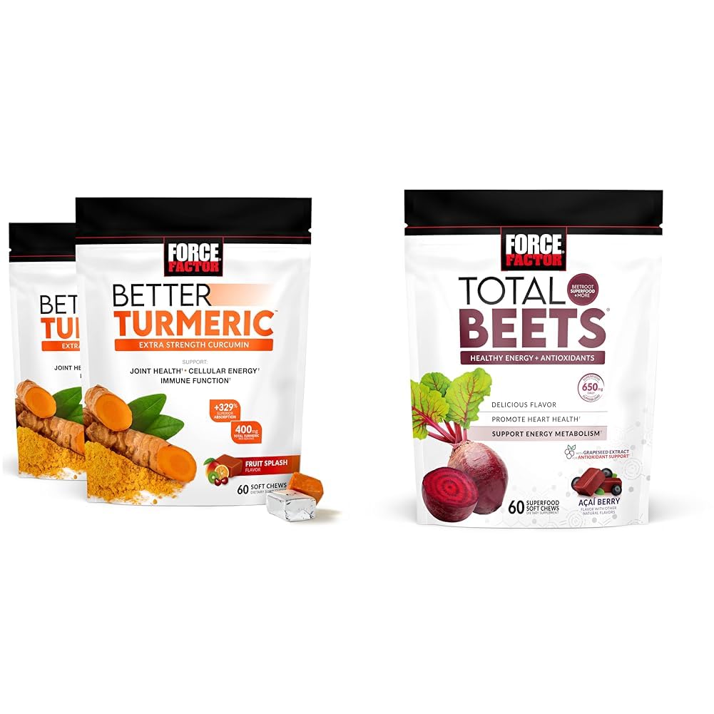 Facteur de force Mieux Turcuma 120 Chews doux et total de betteraves 60 Chews doux pour la santé articulaire et cardiaque