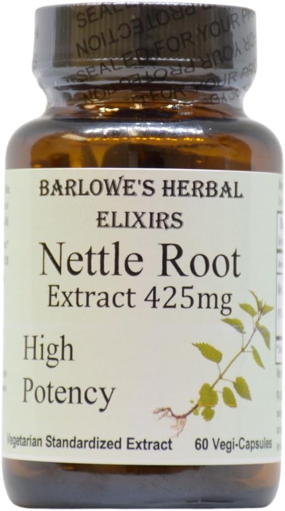 Barlowe's Herbal Elixirs Nettle Root Extract | Urtica Dioica with 95% 3,4-Divanillyltetrahydrofuran | 425mg Per Capsule | 60 Vegan Capsules | Stearate-Free | Glass Bottles