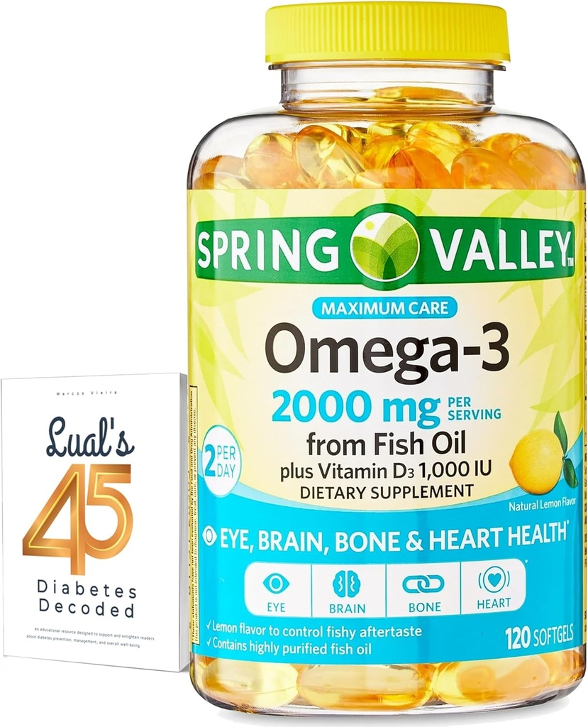 Spring Valley Omega-3 de l'huile de poisson 2000 mg pour les yeux Cerveau os et santé cardiaque Supplément diététique Softgels, 120 Compte, ensemble avec 45 Diabète Décodé de Luall