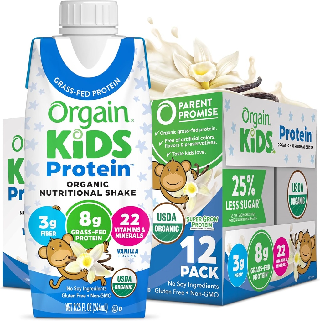 Mélange de protéines alimentaires pour enfants biologiques, vanille, collations pour enfants en bonne santé, 8g de protéines laitières, 3g de fibre, 22 vitamines et minéraux, aucun ingrédient de soja, sans gluten, sans OGM, 8,25 Fl Oz (paquet de 12)