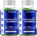 Vitamatic 2 Pack Ashwagandha Gummies 1500 mg Équivalent par portion (à partir de 30:1 Extrait 50 mg) - 60 Gommies végétaliens - 3% Witanolides