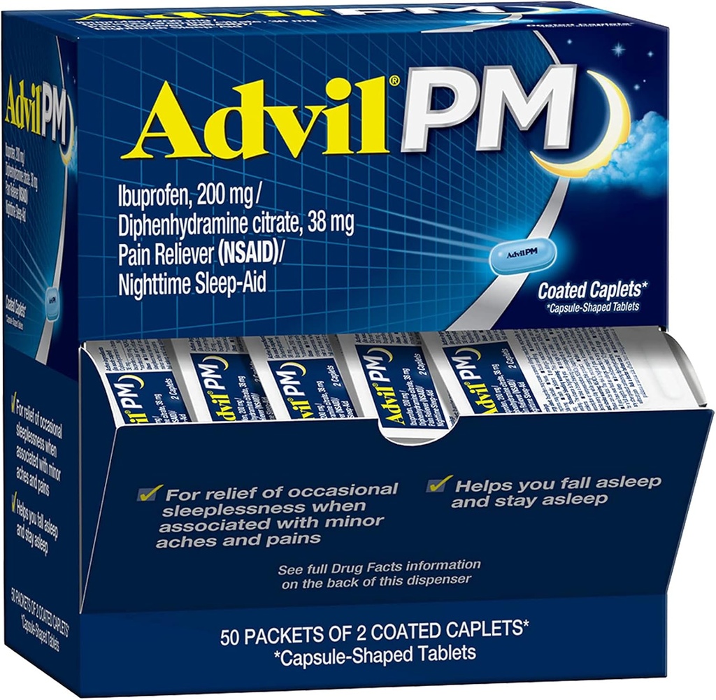 Advil PM analgésique et aide au sommeil de nuit, anti-douleur avec Ibuprofène pour soulager la douleur et diphénhydramine Citrate pour un aide au sommeil - 50x2 Caplets enduits