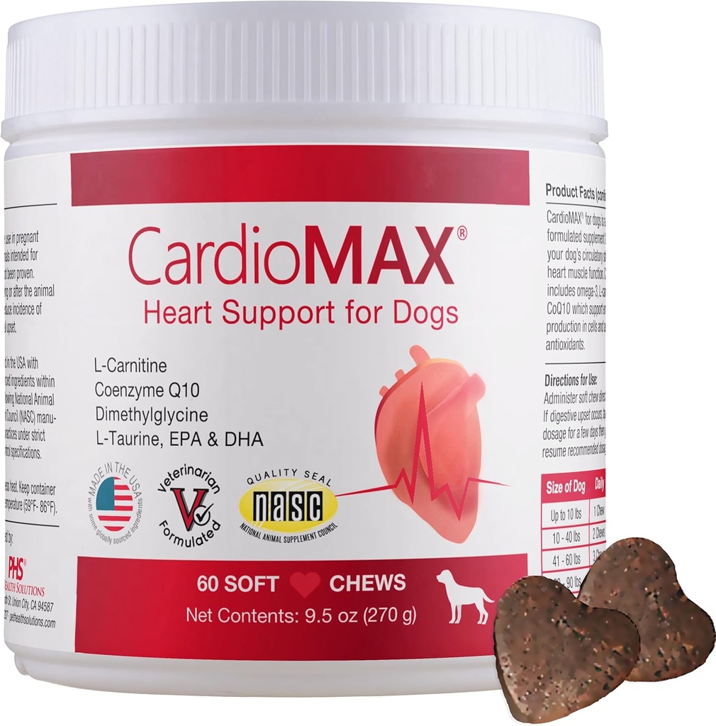 Supplément de soutien cardiaque pour chiens-formulés Vet, antioxydant-Rich-L-Taurine, L-Carnitine, EPA,DHA,CoQ10-Aids Force circulatoire, support cardiovasculaire, fonction musculaire du coeur-USA Made-60 Chews doux