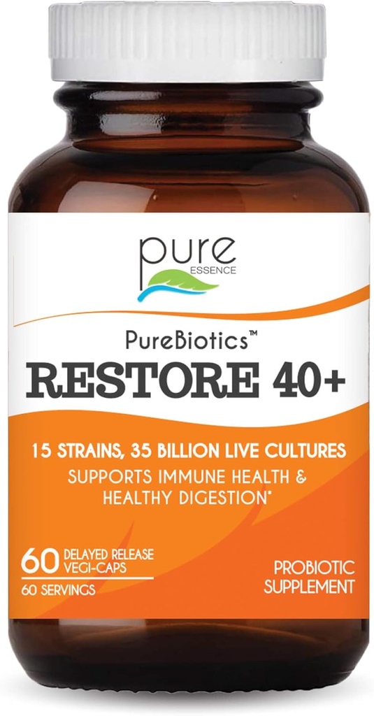 PURE ESSENCE LABS PureBiotics Restore 40+ Probiotique Supplément - Soutient la santé immunitaire et digestive - Sans lait et sans gluten - 15 souches (35 milliards de CTU) Adultes Probiotiques naturels (60 capsules)