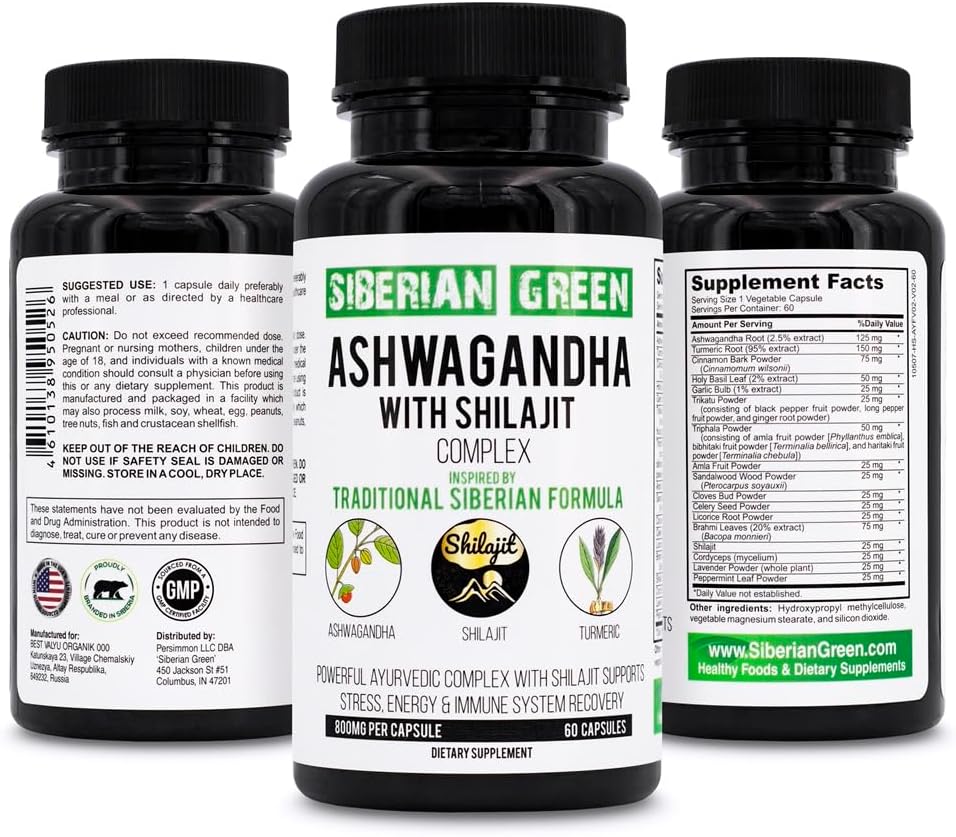 Ashwagandha vert Sibérie avec Altai Shilajit & Turmeric Ayurvedic Complex 60 Capsules – Formule traditionnelle Sibérie anti-stress, l'humeur, le soutien énergétique, le système immunitaire